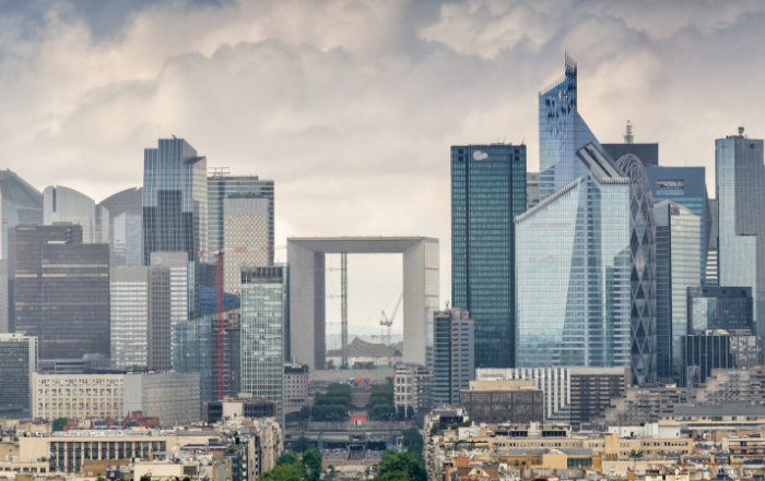 Business district of Paris. La Defense, aerial view on a cloudy day.
