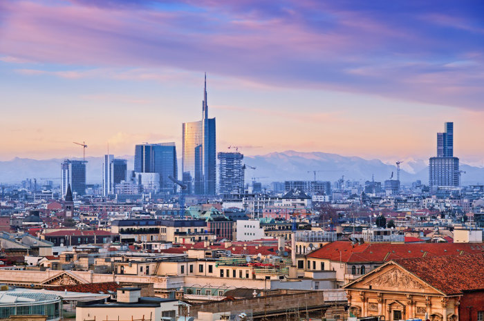 Milan skyline from “Duomo di Milano”. Italy